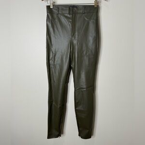 Zara Olive Green Faux Leather High Rise Split Zip Hem Skinny Trouser Pants Small